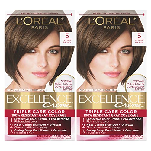 L'Oreal Paris Excellence Creme Permanent Hair Color, 5 Medium Brown, 100 percent Gray Coverage Hair Dye, Pack of 2