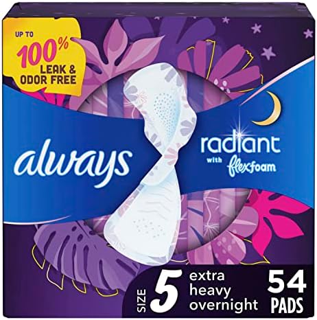 Always Radiant Overnight Feminine Pads for Women, Size 5 Extra Heavy Nighttime, with Wings, Scented, 54 ct