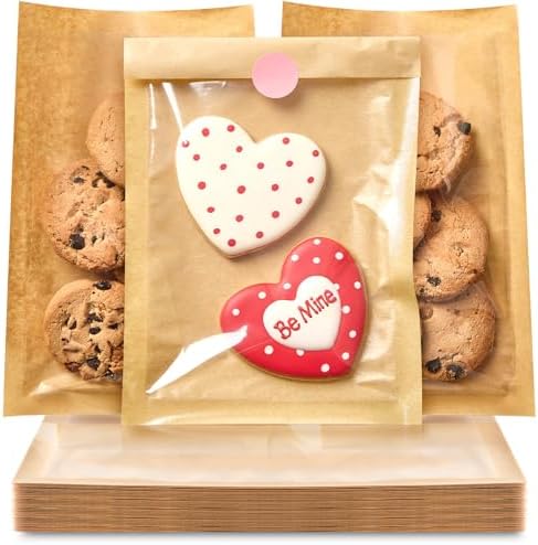 Ocmoiy 200 Pcs Clear Front Paper Cookie Bags with Seal Heat-Sealable & Grease-Resistant, 5.1x7.5 Inches Bakery Bags with Window, Small Treat Bags Cookies Packaging Favor Bags (Brown)