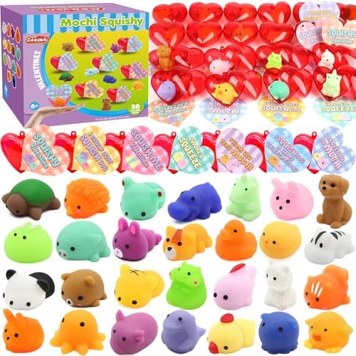 28 Pack Valentine Mochi Squishies Toys and Valentine Cards for Kids, Animal Mochi Squishies Toys Filled Hearts, Kawaii Squishies Stress Relief Fidget Toys for Classroom Exchange Party Favors Prizes