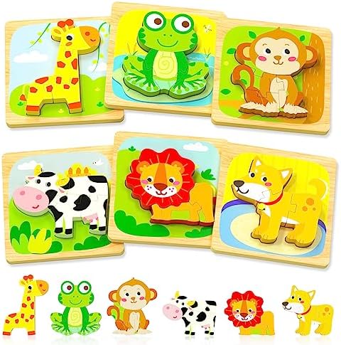 Benresive Wooden Toddler Puzzles, 6pcs Animal Montessori Toys for 1-3 Year Old Boys & Girls, Learning Educational Preschool Toys, Great Gifts for 1 2 3 Year Olds