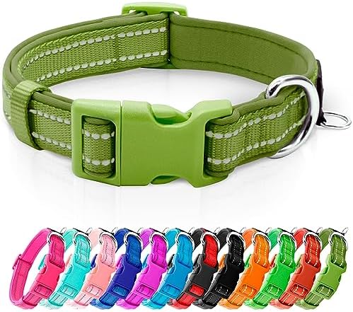 azuza Reflective Dog Collar, Soft Neoprene Padded Pet Collar with ID Tag Ring, Adjustable for Medium Dogs,Army Green,M
