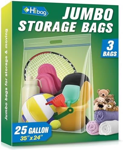 HIBAG 25 Gallon Jumbo Storage Bags, 35” x 24” Resealable Clear Bags with Handle, Extra Large XL Heavy Duty for Clothes Pillow Travel Moving, Pack of 3