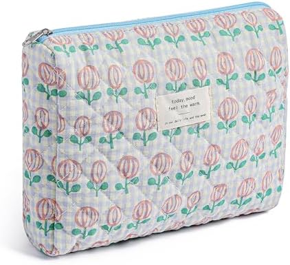 Gleyemor Quilted Makeup Bag for Women, Cute Floral Cotton Cosmetic Bag, Travel Toiletry Bag Period Bag Essentials Bag Gifts for Her Mom Friend Sister Bridesmaid (Tulip)
