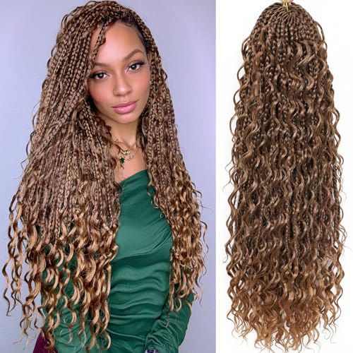 Goddess Box Braids Crochet Hair for Black Women 24 Inch 7 Packs Boho Crochet Box Braids Pre Looped Bohomian Box Braids crochet hair with Curly Ends Synthetic Braiding Hair Extensions M33/30/27