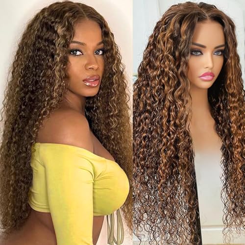 Highlight Ombre Lace Front Wig Human Hair 180% Density 4/27 Honey Blonde Water Wave Lace Frontal Wigs 26 inch Wet and Wavy Curly Glueless Wigs Human Hair Pre Plucked with Baby Hair