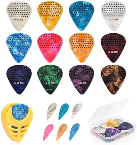 30 Pack Guitar Picks Non-slip, Includes 0.46 0.71 0.96mm Guitar Picks Thin Medium Heavy, Variety Colorful with Guitar Picks Holder and Storage Case for Acoustic Electric Guitar Bass