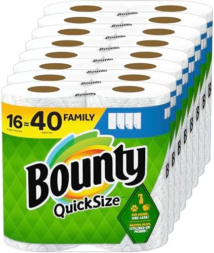 Bounty Paper Towels Quick Size, White, 16 Family Rolls = 40 Regular Rolls