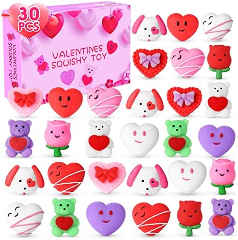 NPET 30Pcs Mochi Squishies Valentines Party Favors Valentines Day Gifts for Kids Classroom, Kawaii Mochi Squishy Toys Heart Rose Bear Valentines Day Gifts Exchange School Prize Stress Relief Toys