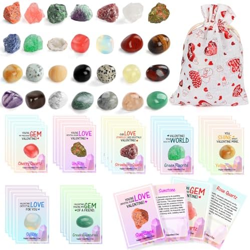 Valentines Day Gifts for Kids,28 Pack Valentines Day Cards with Natural Gemstone Crystals Rocks Minerals Bulk,Valentines Day Exchange Cards for Kids Classroom School Party Favors for Boys Girls (#1)