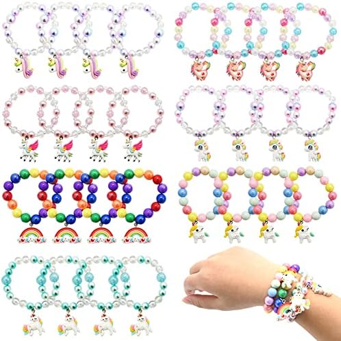 UMEELR 28 Packs Unicorn Rainbow Bracelets, Unicorn Beaded for Kids Easter Hunt Bag, Valentine's Day Party Favors Toys