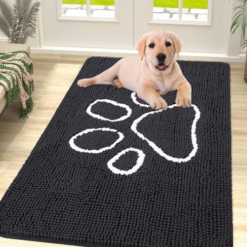 Smiry Dog Door Mat for Muddy Paws, Absorbent Dirt Trapper Non-Slip Washable Mat, Quick Dry Chenille, Mud Mat for Dogs, Entry Indoor Door Mat for Inside Floor (40x32 Inches, Black)