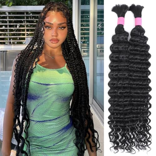 Human Braiding Hair for Boho Braids 22 Inch 2 Bundles 100g Deep Wave Bulk Hair 12A Virgin Curly for Knotless Braids (Natural Color)