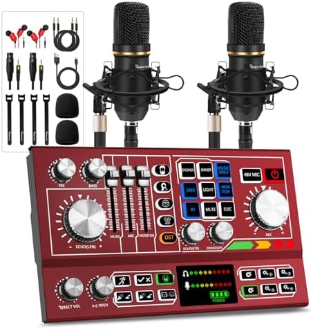 Podcast Equipment Bundle for 2,Audio Interface DJ Mixer With 3.5mm XLR Condenser Microphone for Living Streaming,Recording,Gaming,TikTok,YouTube,PC,Smartphone (Red)