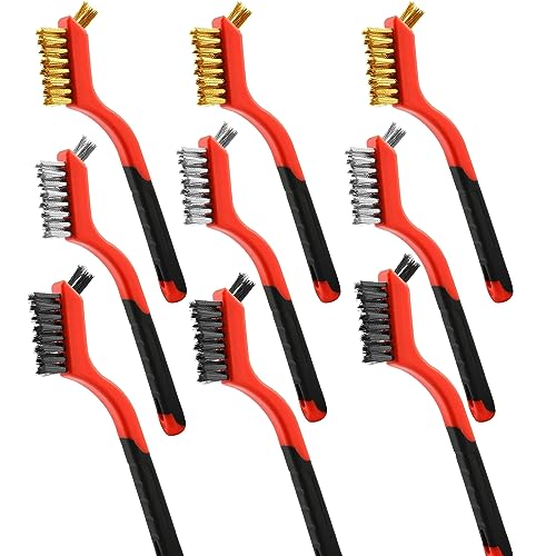 Wire Brush 9Pcs Metal Scrubber - Nylon/Brass/Stainless Steel Bristles with Curved Handle Grip for Cleaning Rust Removal, Dirt, Paint Scrubbing with Deep Cleaning – 7 Inches