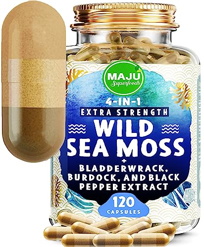 MAJU Wild Irish Sea Moss Capsules (120ct), Stronger Than Gel, 4-in-1 w/Bladderwrack + Burdock Root, Organic, Sebi Inspired, Raw, Seamoss Pills Powder, Wild, 1 Bottle