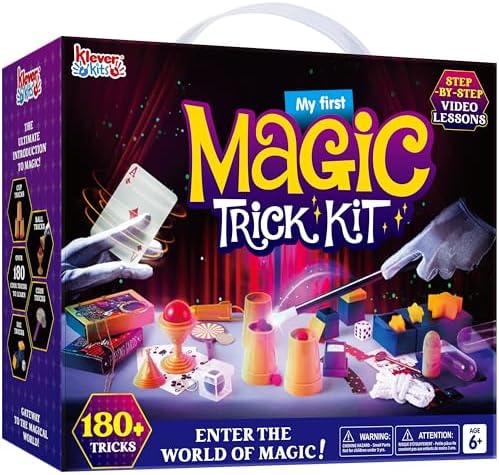 Klever Kits 180+ Magic Set- My First Magic Trick Kit- Amazing Magician Toy with Step-by-Step Video Lessons, for Kids Aged 6+ Easy Tricks of Wand and Illusion Cards