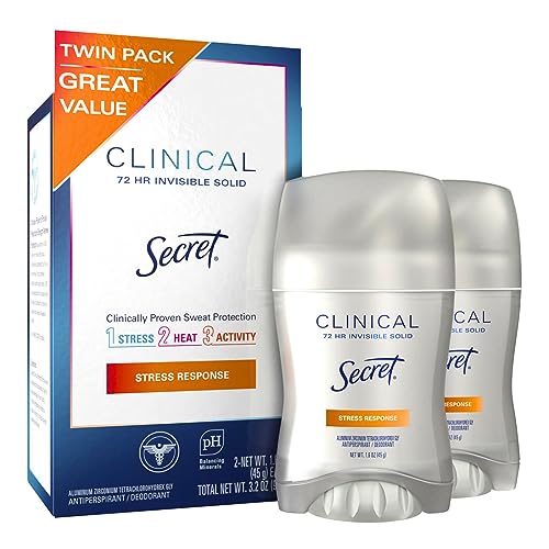Secret Clinical Strength Antiperspirant Deodorant for Women, Stress Response, 3X Stress Protection, 72hr Sweat & Odor Protection, PH Balancing Minerals, Invisible Solid, 1.6 oz (Pack of 2)