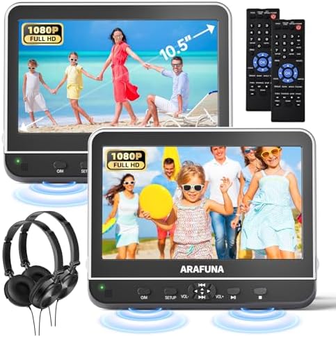 10.5" Dual Portable DVD Player with 1080P HDMI Input, Arafuna Car DVD Player Dual Screen Play A Same or Two Different Movies, Headrest DVD Player for Car Support USB/SD, Last Memory