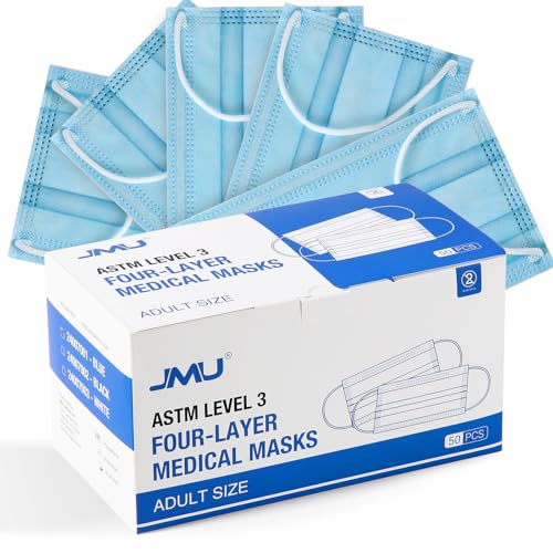 JMU 500 Pcs 4-Ply ASTM Level 3 Face Masks, Disposable Medical Face Masks for Adults, Blue, 10 Box