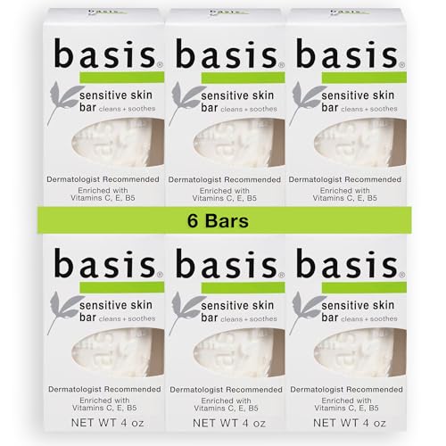 Basis Sensitive Skin Bar Soap for Body, Hands and Face, Unscented Soap Bar for Sensitive Skin with Chamomile and Aloe Vera, 4 Oz, Pack of 6