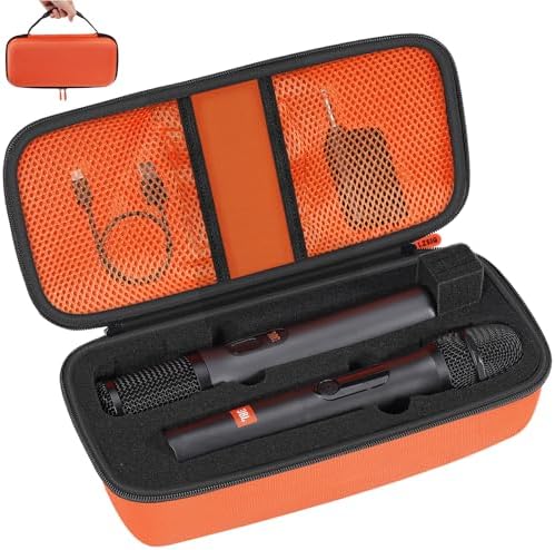 Wireless Microphone Case Compatible with JBL Wireless 2 Microphone System, Dual Handheld Wireless Mic Storage Bag for JBL Partybox, Receiver, Batteries, Adjustable Foam for JBL Mic (BOX ONLY) - ORANGE