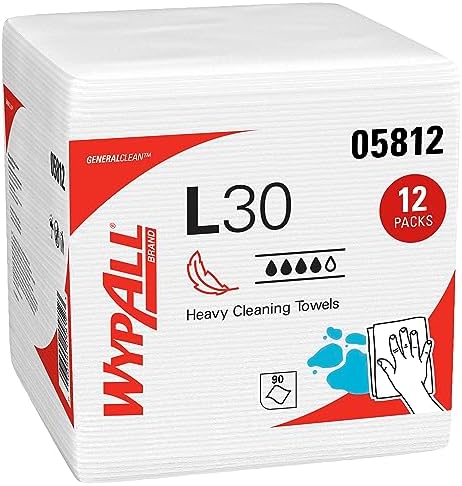 WypAll GeneralClean L30 Cloths Heavy Duty Cleaning Wipes (05812), Quarterfold, Strong and Soft Towels, White (12 Packs of 90 Sheets, 1,080 Sheet Total)