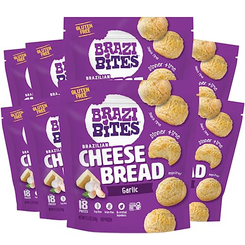 Brazi Bites Gluten-Free Brazilian Cheese Bread: Garlic Asiago | Vegetarian Frozen Bread Snacks | Soy-Free | No Artificial Ingredients | No Preservatives | 11.5 oz. pouches (8-pack)