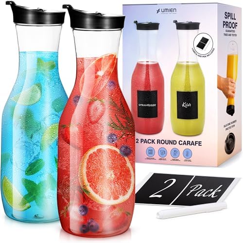 Umien 50 Oz Water Carafe with Flip Top Lid set of 2, Clear Plastic Pitcher for Milk, Iced Tea Beverage, Cold Brew and Mimosa Bar. Drink Containers for Fridge - BPA-Free (Wide Round)