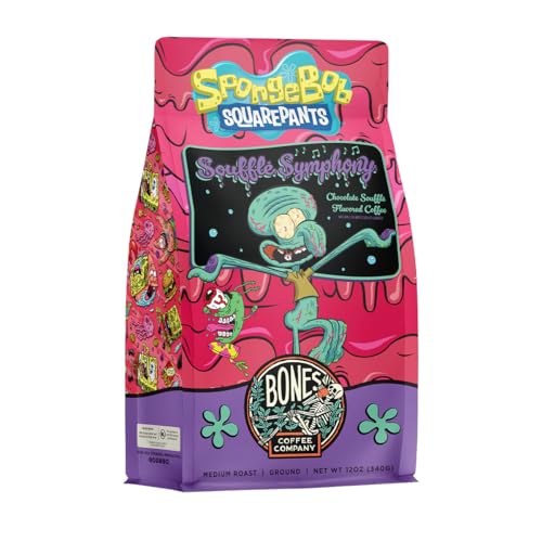 Bones Coffee Company Spongebob Souffle Symphony Flavored Coffee Beans, Medium Roast Ground Coffee Low Acid, Chocolate Souffle Flavor (12 oz)