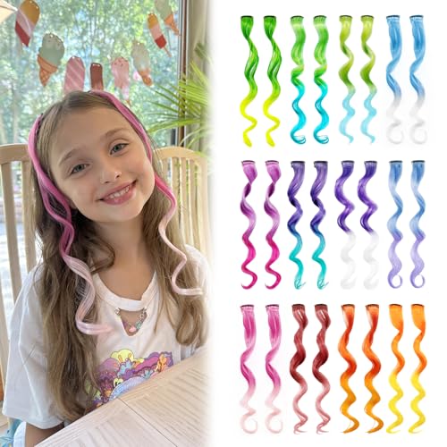Dreamlover Mix Colored Hair Extensions for Kids, Girls Clip In Rainbow Hair Extensions, Dual-color Curly Hairpieces for Halloween, 24 Pieces