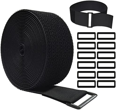 16Ft x 2In Adjustable Cable Straps with 12 Buckles, Free Cut Length, Black Reusable Fastening Cable Ties, Hook and Loop Securing Strap for Cable Tidy, Wire Management, Cord Organiser, Black