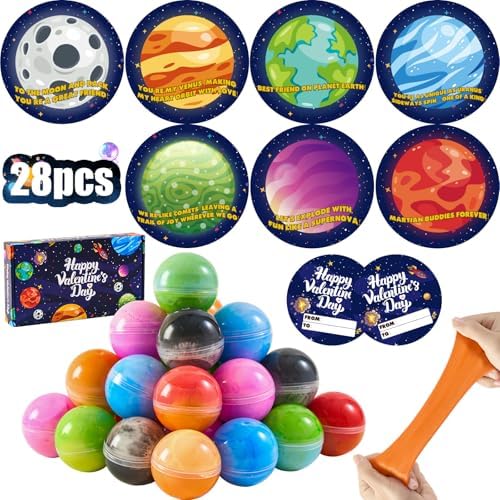 Valentines Day Gifts for Kids, Valentines Day Cards for Kids, 28 Valentines Galaxy Slime Card Bulk, Valentine Exchange Cards for Girls Boys School Class Classroom Party Favors Age 3 Year and Up