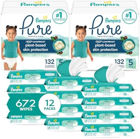Pampers Pure Protection Disposable Baby Diapers Size 5, 2 Month Supply (2 x 132 Count) with Aqua Pure Sensitive Baby Wipes, 12X Pop-Top Packs (672 Count)