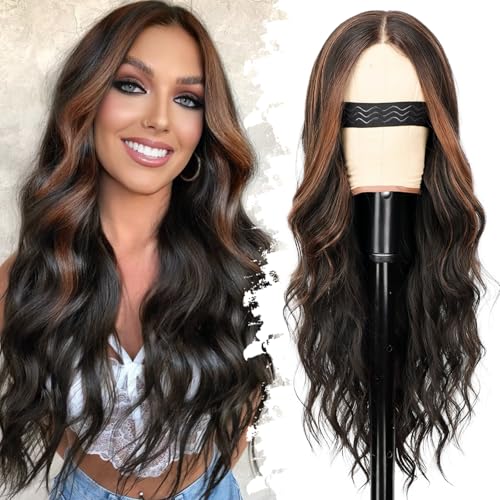 Dark Brown Mixed Chestnut Wig for Women Long Wavy 4x1 Lace Natural Hairline Glueless for Beginners Middle Part Synthetic for Daily Party Use 26Inch