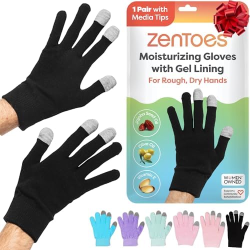 ZenToes Moisturizing Gloves for Dry Hands and Eczema, Gel Infused with Jojoba Seed Oil, Olive Oil and Vitamin E, Overnight Hand Moisturizer (Large, Cotton Black)