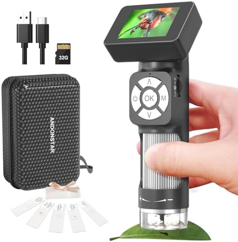 Andonstar AD112 Portable Pocket Microscope Kit for Kids and Adults with 2" LCD Screen, Mini Handheld Digital Microscope with 8 Adjustable LED Lights, Windows PC Compatible, 32GB SD Card Included