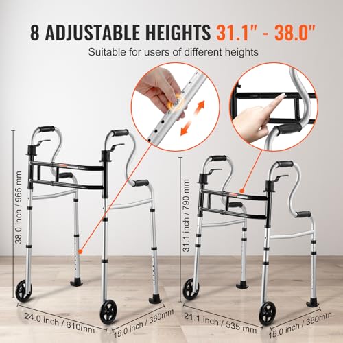 VEVOR Folding Walker on Wheels, 3-in-1 Stand-Assist Folding Walkers with Adjustable Height and Width, Lightweight Aluminum | Front Wheeled Mobility Aid for Elderly Handicapped Disabled, Up to 350LBS