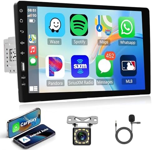 9 Inch Carplay Single Din Touchscreen Car Stereo with Android Auto, Rimoody Car Radio with Bluetooth iOS/Android Mirror Link FM/AM Radio/USB Car Multimedia Player + Backup Camera