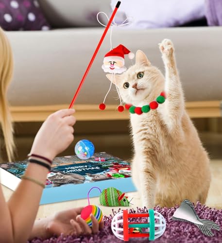 2024 Cat Advent Calendar 2024 Christmas Countdown Calendar for Kitten Toys 24 PCS Cat Feather Teaser and Ball Bells 24 Days Xmas Countdown Gifts for Kitten for Cat Lovers