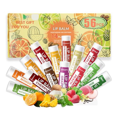 56 Pack Natural Lip Balm in Bulk with Vitamin E and Coconut Oil - Moisturizing, Soothing, and Repairing Dry and Chapped Lips - 14 Flavors - Non-GMO Valentine's Gift