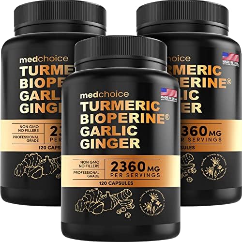 4-in-1 Turmeric and Garlic Supplements with Bioperine 2360 mg (360 ct) Turmeric Ginger Root Capsules with Garlic - Turmeric Curcumin with Black Pepper for Joint, Digestion & Immune Support (Pack of 3)