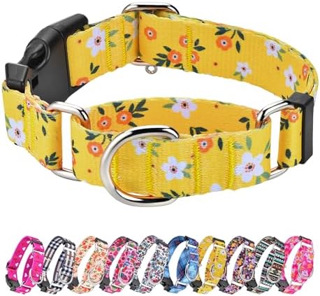 Hikiko Martingale Collar for Dogs Cute Floral Dog Collar for Small Medium Large Dogs Soft Nylon Quick Release Dog Collars (Yellow Flower,Large)