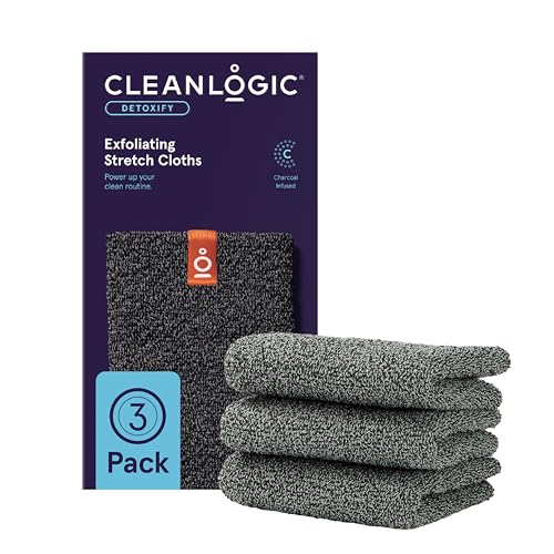 Cleanlogic Body Exfoliating Cloth, Stretchy Detox Charcoal Infused Exfoliator Bath and Shower Washcloths, Reusable Daily Skincare Tool, 3 Count Value Pack