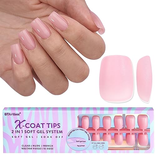 BTArtbox XCOATTIPS Natural Nail Tips - Valentines Day Short Square Press On Nails Pink, Long Lasting Soft Gel Nails False Nail, Soak Off Acrylic Fake Nails Extensions for Nail Art DIY Women Gifts