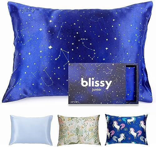 Blissy Toddler Silk Pillowcase - 100% Pure Mulberry Silk - 22 Momme 6A High-Grade Fibers - Soft and Gentle Silk Pillowcase for Kids Hair and Skin (Toddler 13 x 18 in, Night Sky)