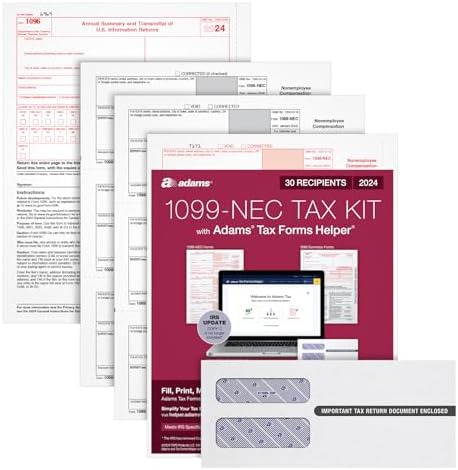 Adams 2024 1099 NEC Kit for 30 Recipients, 3 Part Laser 1099 Forms, 6 1096 Forms, Self Seal Envelopes & Access to Adams Tax Forms Helper (1009313)