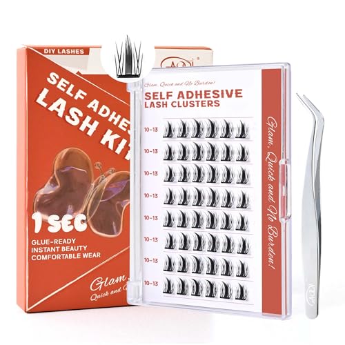 GAQQI Self Adhesive Eyelashes Lash Clusters, Press on Lashes 10-13mm Natural Manga Cluster Lashes, Reusable No Glue Lashes C Curl, NEW-TECH Thin Flakes Pre Glued Eyelashes Clusters (PG01)