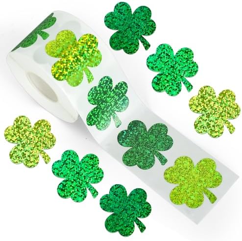Whaline St. Patrick's Day Stickers Laser Shamrock Stickers Roll 3 Colors Holographic Green Sparkly Lucky Clover Adhesive Seal Labels for Irish Holiday Party Cards Envelope, 500Pcs