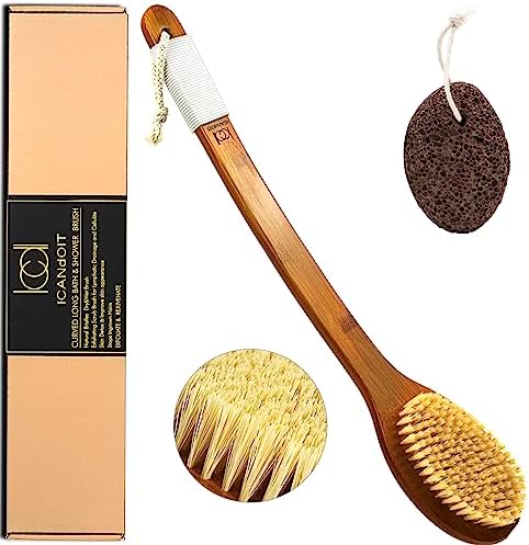 ICANdOIT-17.71Inch Natural Stiff Sisal Bristles Anti-Slip Long Handle Bath Brush,Bent Handle Shower Scrubber for Exfoliating,Shower Back Brush,Exfoliation Set with Pumice Stone(1 Pack)